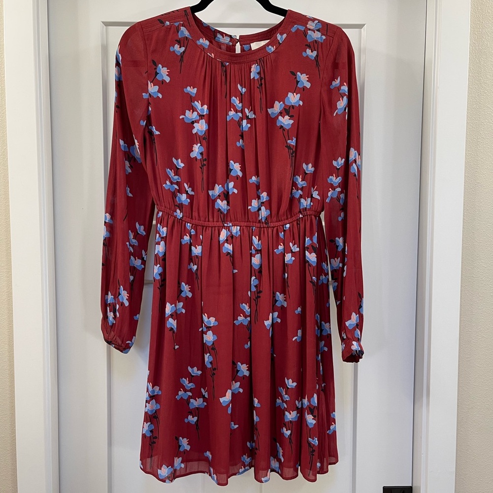 LOFT Brick Red, Floral, Long-Sleeved Dress, Sheer w/ lining, Retro detail, Sz XS